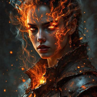 The primary subject of the image is a woman with a fiery, flame-like appearance. She is wearing a black and gold outfit, which adds to the dramatic and intense atmosphere of the scene. The setting appears to be a dark, possibly supernatural or fantasy-inspired environment. The visual style of the image is a combination of digital art and illustration, creating a striking and captivating portrait of the woman. The colors and mood of the image are predominantly dark and intense,